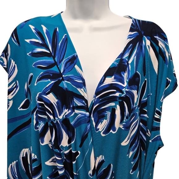 Tommy Bahama Clara Blue Botanical Blitz Palm Leaf Ruched Moc Wrap Dress Beach XL - Picture 3 of 16